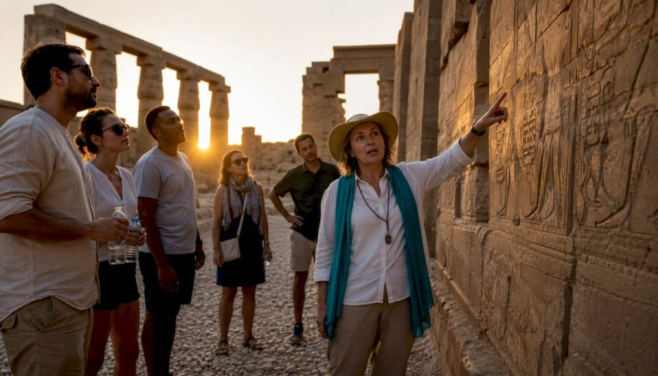 Egiptólogo liderando un grupo de tour en un templo