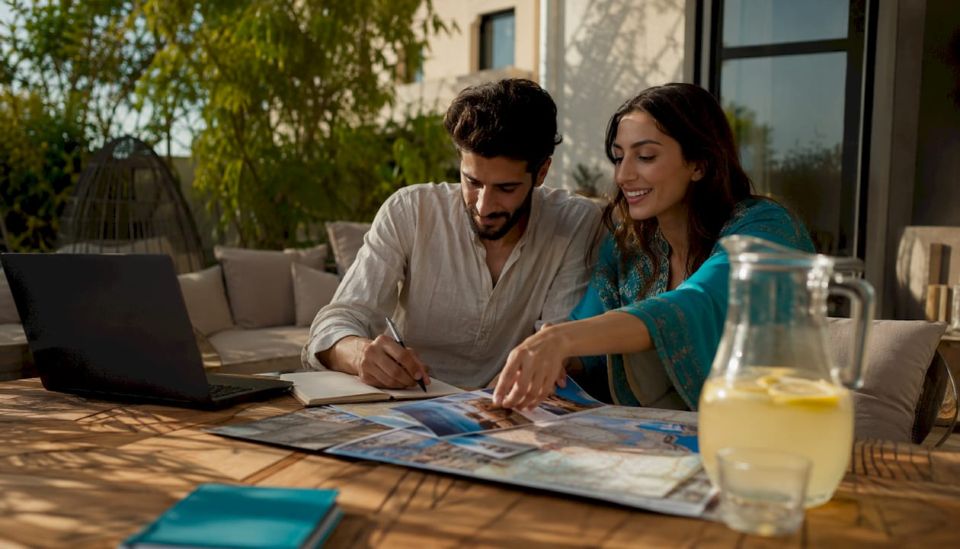 Pareja planeando un tour de lujo en Egipto en casa