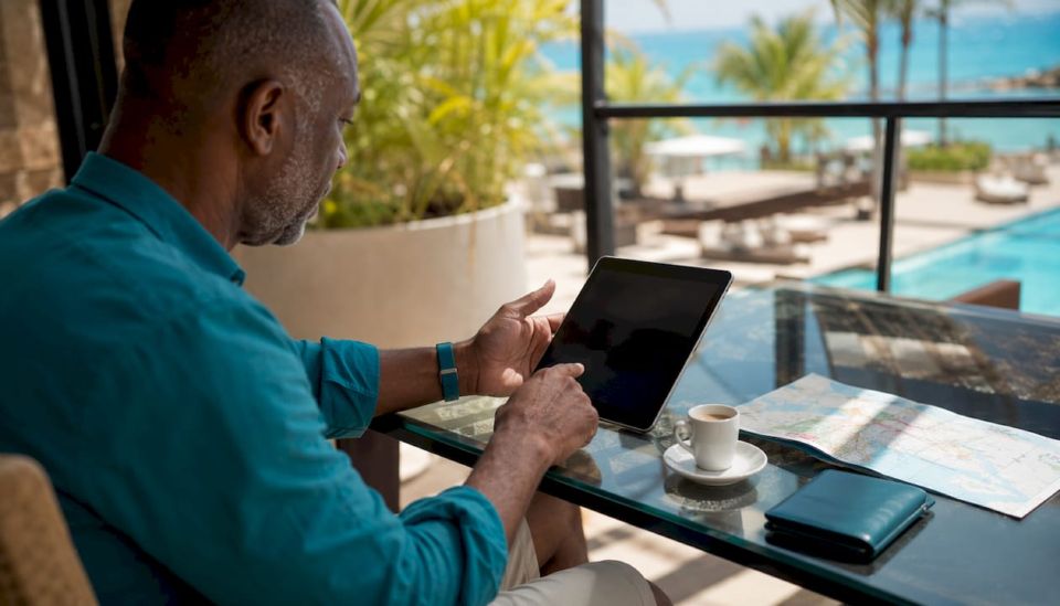 カフェでタブレットを使ってプレミアムな旅を検索する様子