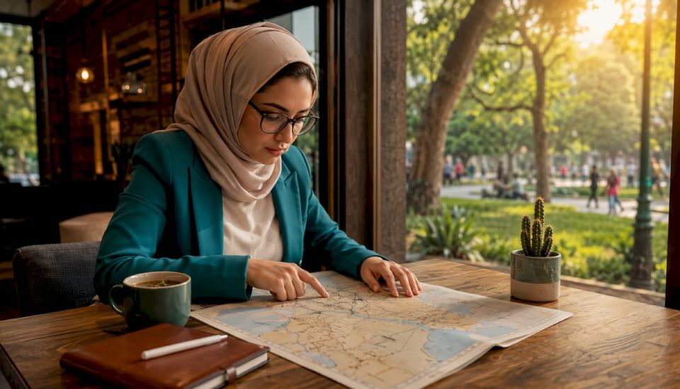 Travel agent working on Egypt tour bookings at desk