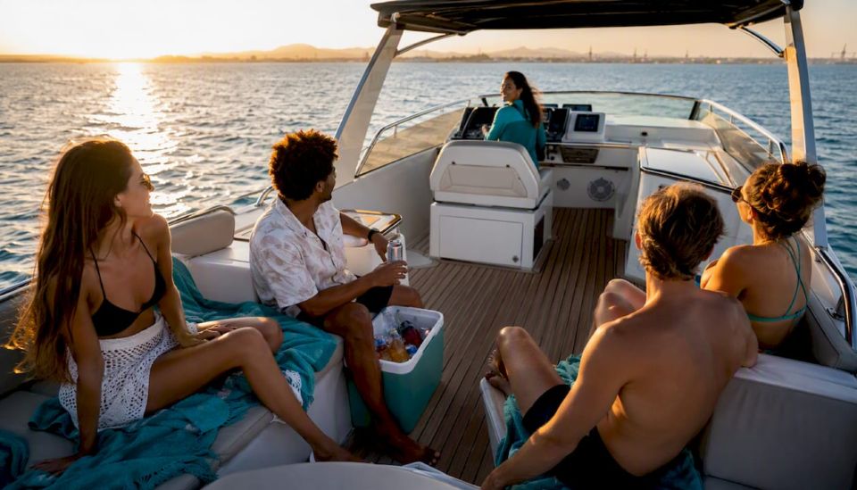 Hurghada marinasından gün doğumunda ayrılan teknedeki turistler