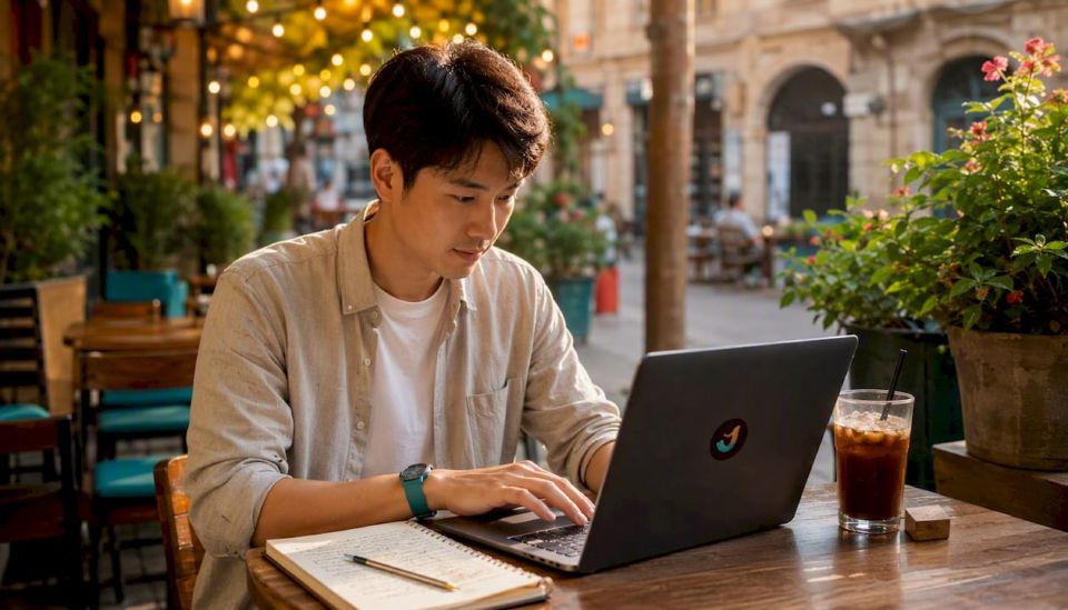 Mâini tastând pe laptop în timp ce caută excursii în Egipt