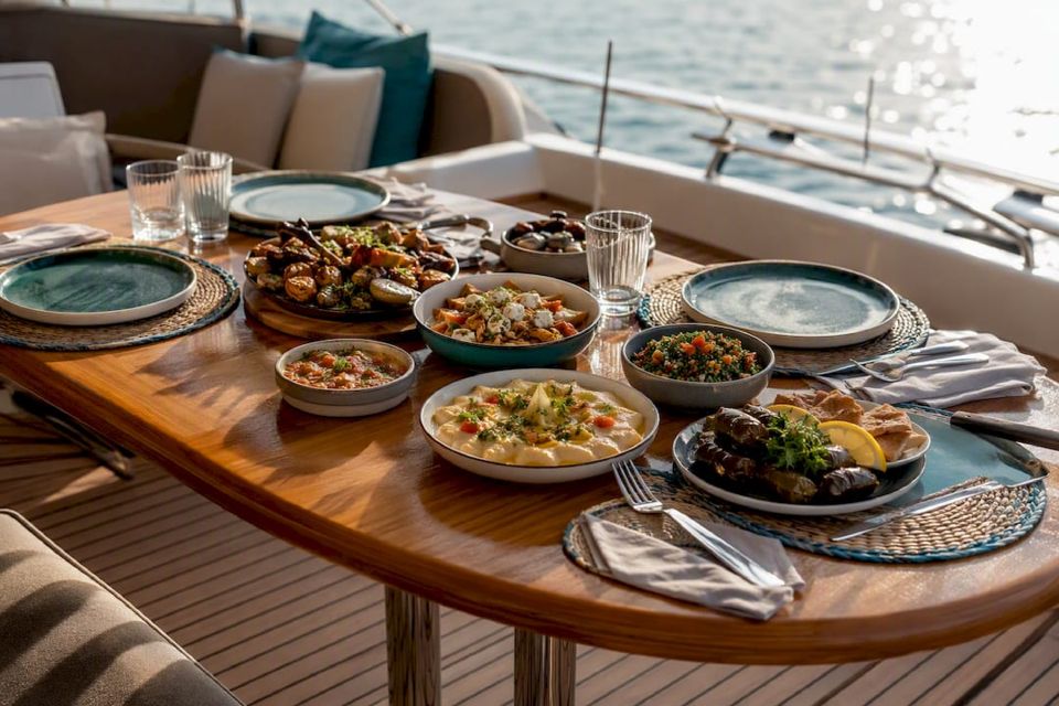 Almuerzo servido en la cubierta de un yate de lujo privado en Hurghada