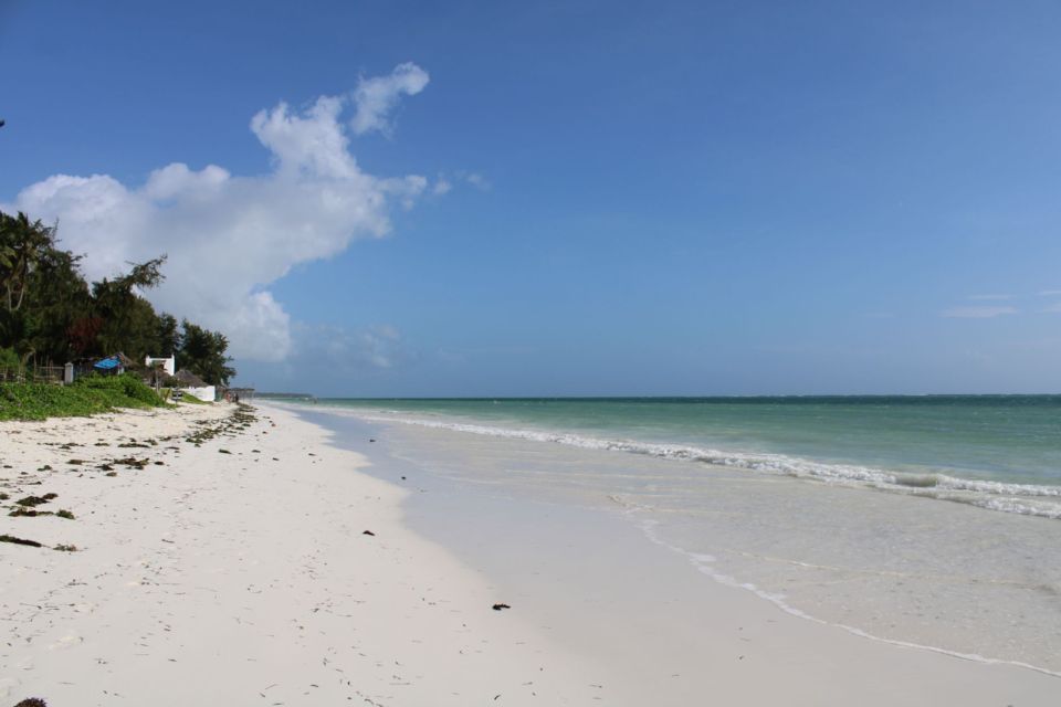 White sand beach and turquoise sea along the coast in Zanzibar, Tanzania.
