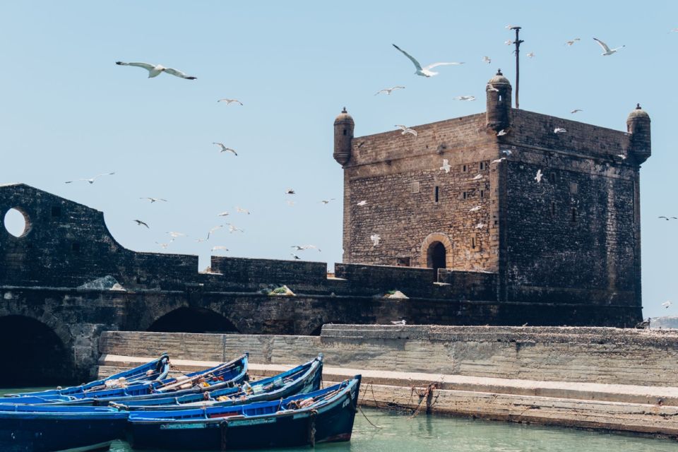 The Essaouira citadel and harbour, with fishing boats moored below the stone walls and seagulls overhead.