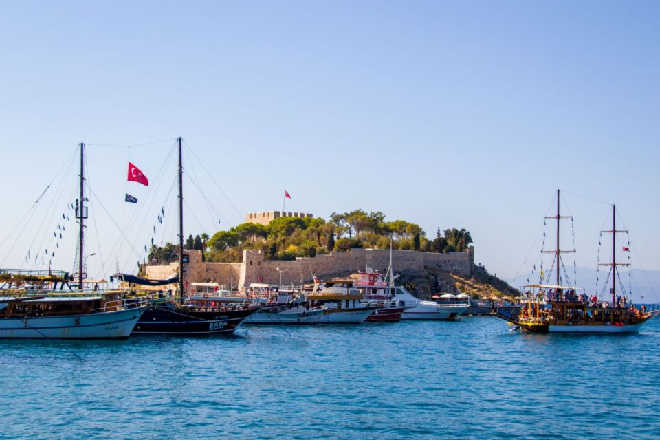 Gulet boats moored near Bodrum Castle on Turkey's Aegean coast.